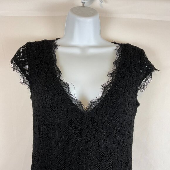 Babaton Lace Dress 2 Black Short Sleeve V-Neck Sheer Back Pockets - Picture 2 of 13